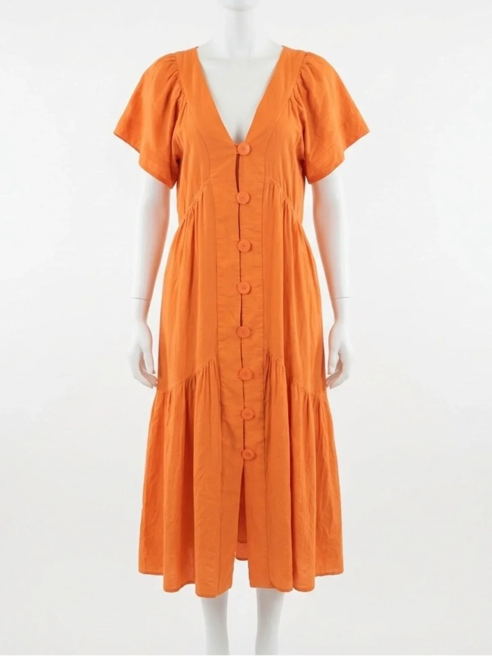 Anthropologie | Dresses | By Anthropologie Rene Fluttersleeve Orange Linen  Buttonfront Midi Dress Xl | Poshmark